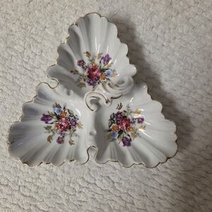 Porcelain Tri-Dish with Floral Design and Gold Trim
